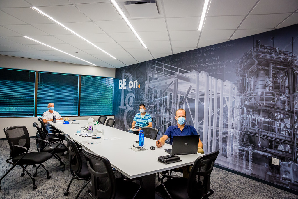 brindley engineering conference room with masks on