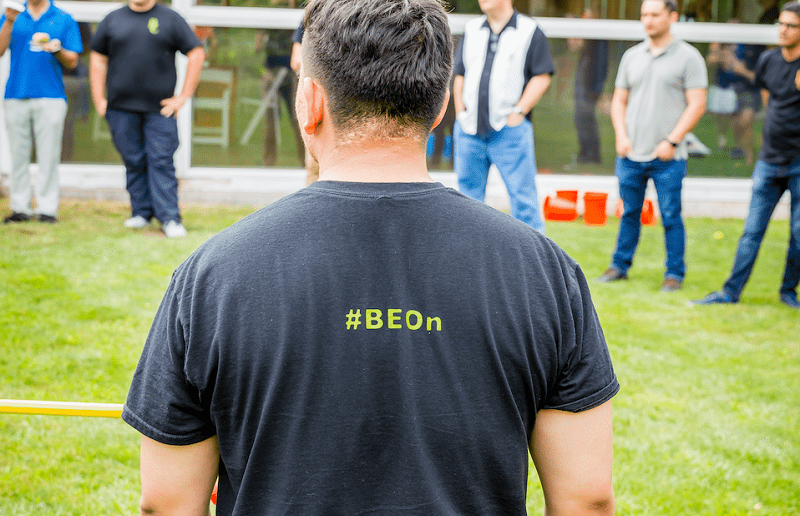 BE employee wearing #BEOn Shirt