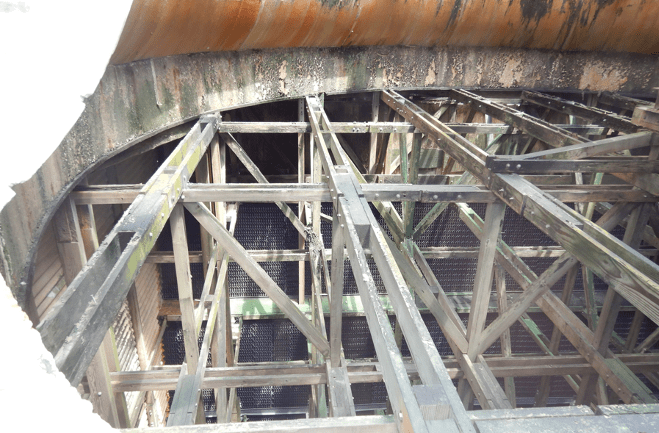 Typical internal transverse and longitudinal framing in the plenum area (enclosed space between drift eliminators) of a crossflow cooling tower. Typical internal transverse and longitudinal framing in the plenum area (enclosed space between drift eliminators) of a crossflow cooling tower.